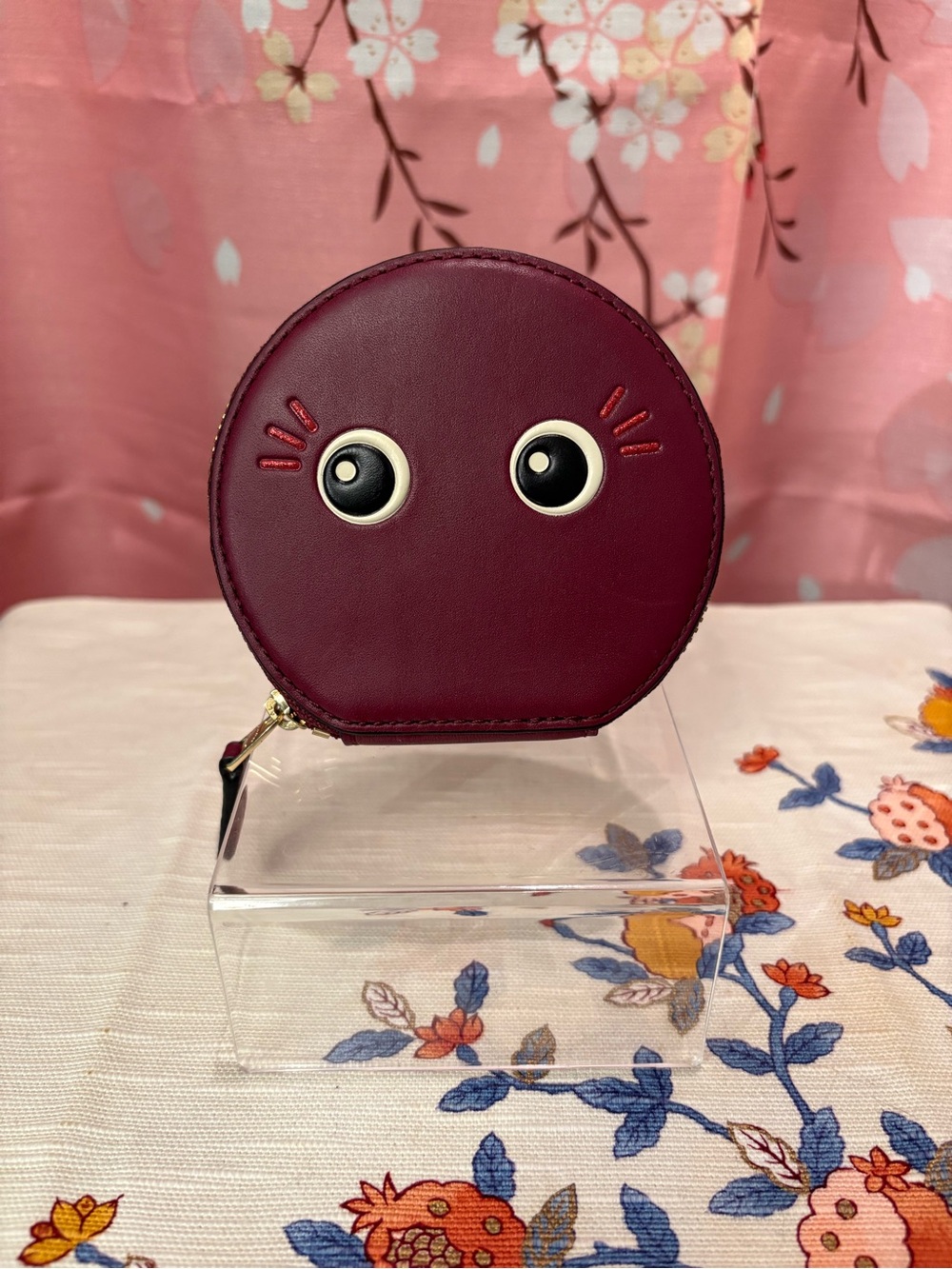 Coach Box Leather Round Coin Money Purse Wallet Burgundy